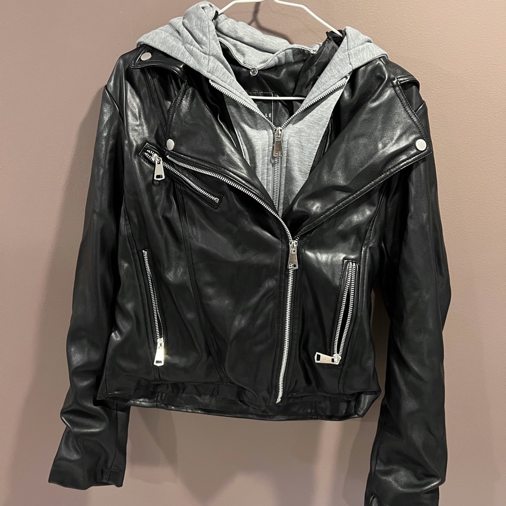 Womens Bagatelle Soft Faux Leather Moto Jacket Removable Hoodie Wear 2 Ways